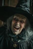 An old woman in a witch costume with her mouth open photo