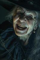 An old woman in a witch hat is smiling photo