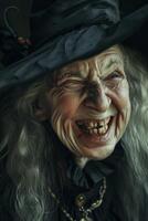 An old woman in a witch hat is smiling photo
