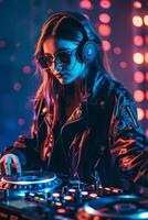 Dj in sunglasses and leather jacket mixing music photo
