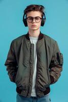 Portrait of a young man wearing headphones and jacket on blue background photo