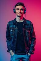 Portrait of a young man wearing headphones and denim jacket on a colorful background photo