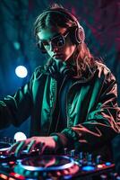 A woman in sunglasses and a jacket is mixing music photo