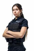A woman in a police uniform standing with her arms crossed photo