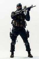 A man in black gear with a gun photo