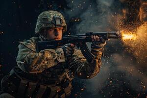 Soldier with ak-47 shooting with fire photo