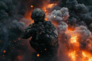 A soldier in camouflage is standing in front of a fire photo