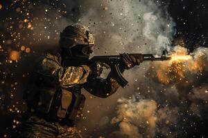 Soldier with a gun shooting smoke photo
