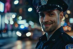A police officer smiling in the city at night photo