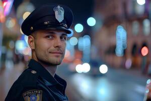 A man in a police uniform standing in front of a car photo