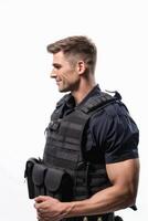 A man in a police vest standing with his hands on his hips photo
