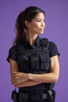 A woman in a police uniform standing with her arms crossed photo