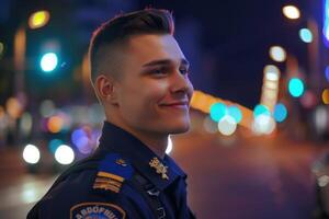 A young man in a police uniform is smiling photo