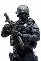 Swat team member with weapon on white background photo