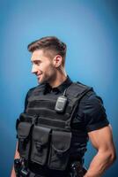 A man in a police vest standing against a blue background photo