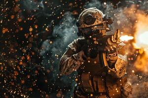 A soldier with a gun is shooting at the dark background photo