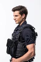 A man in a police vest standing with his hands on his hips photo