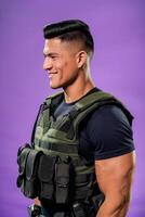 A man in a military vest and helmet photo