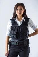 A woman in a vest and pants posing for the camera photo