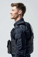 A man in a police vest looking away photo