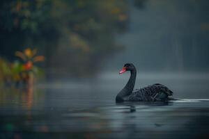 Black swan on the water in the mist photo