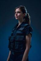 A woman in a police uniform standing against a dark background photo