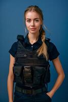A woman in a police vest posing for the camera photo
