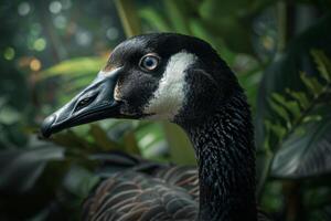 A close up of a goose with a green background photo