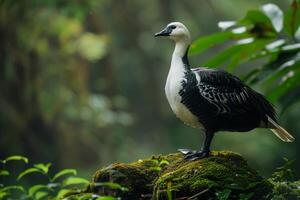 A black and white bird is standing on a rock photo