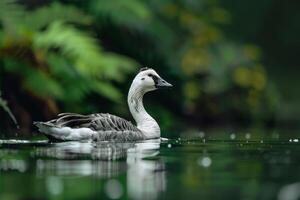 A goose swimming in a pond surrounded by green trees photo