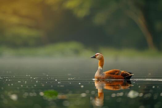 un Pato flotante en el agua en un brumoso Mañana foto