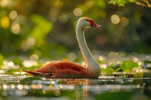 A swan is swimming in a pond with leaves photo