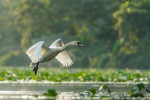 A swan flying over a lake with water lilies photo