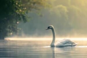 A swan swimming in the water with mist photo