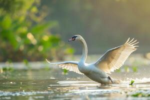 A swan is flying over water in a lake photo