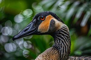 A close up of a duck's head with a green background photo