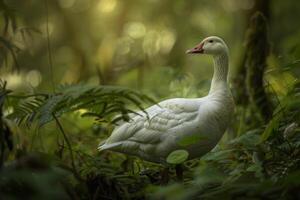 A white goose standing in the middle of a forest photo