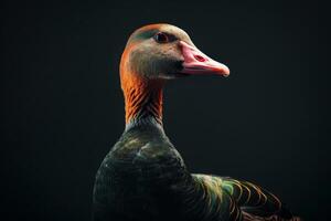 A close up of a duck with a black background photo