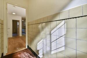 A hallway with a light shining through the door photo