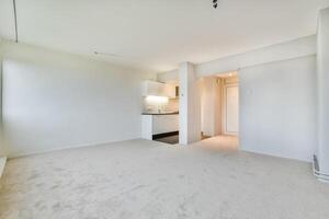 An empty room with a white wall and carpet photo