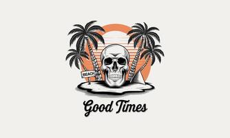 Skull on a beach with palm trees and sunset vector
