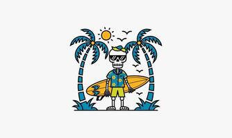 Skeleton surfer with tropical beach and palm trees vector