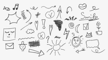 Doodle set with hand drawn hatching black elements. Hand drawn doodle set in outline style with arrows vector