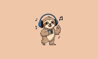 Happy sloth listening to music with headphones and a music player. vector