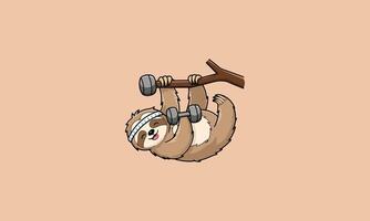 Sloth exercising with dumbbells while hanging from a tree branch. vector