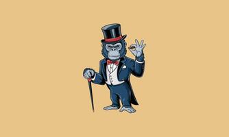 Sophisticated gorilla in a tuxedo with top hat . vector