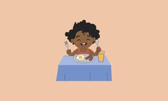 Happy child enjoying breakfast with eggs, sausage, and juice vector