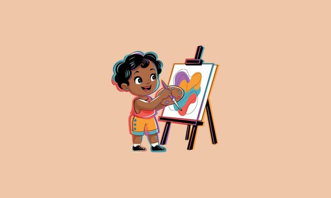 Happy child painting on canvas with brush and palette