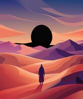 Solitary Soul Lost in an Endless Desert as Shadows of Dusk Fall. vector