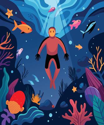 Underwater Spirit Surrounded by Colorful Ocean Creatures, Seeking Connection.